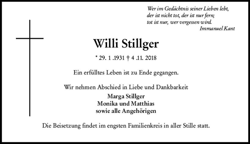 Traueranzeigen Von Willi Stillger Vrm Trauer De