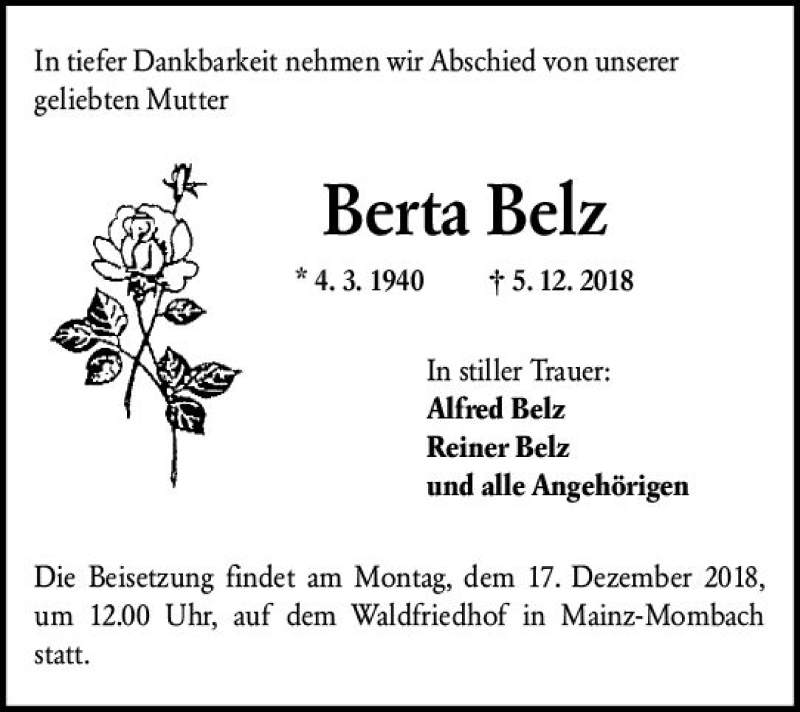 Traueranzeigen Von Berta Belz Vrm Trauer De