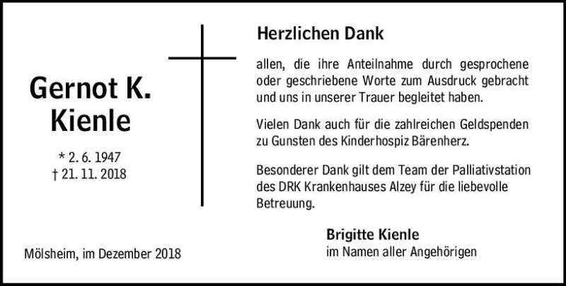 Traueranzeigen Von Gernot Kienle Vrm Trauer De