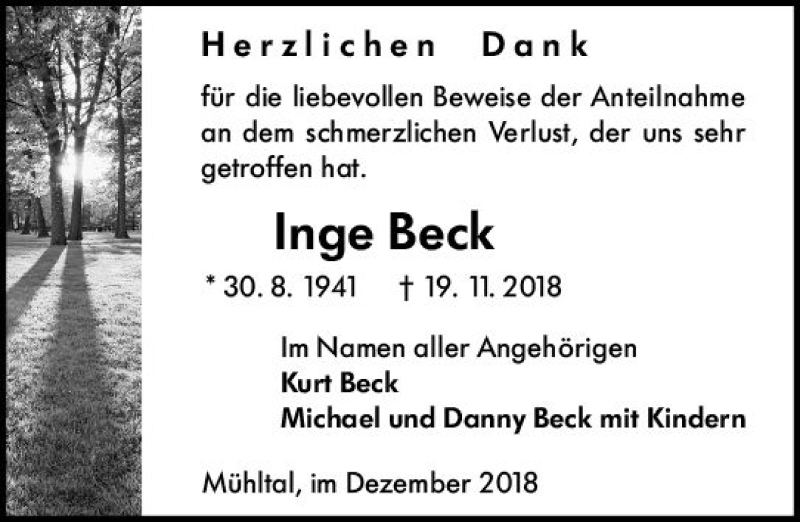 Traueranzeigen Von Inge Beck Vrm Trauer De