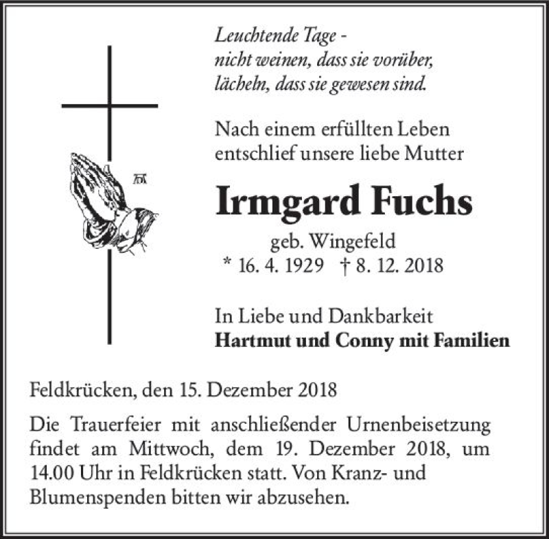 Traueranzeigen Von Irmgard Fuchs Vrm Trauer De