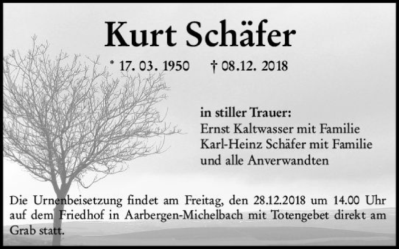 Traueranzeigen von Kurt Schäfer vrm trauer de