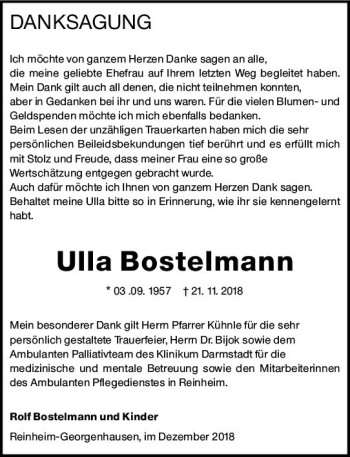 Traueranzeigen Von Ulla Bostelmann Vrm Trauer De