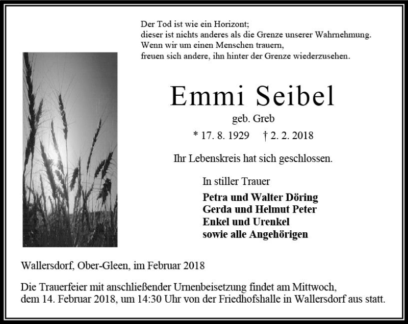 Traueranzeigen Von Emmi Seibel Vrm Trauer De