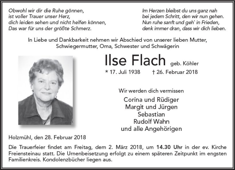 Traueranzeigen Von Ilse Flach Vrm Trauer De