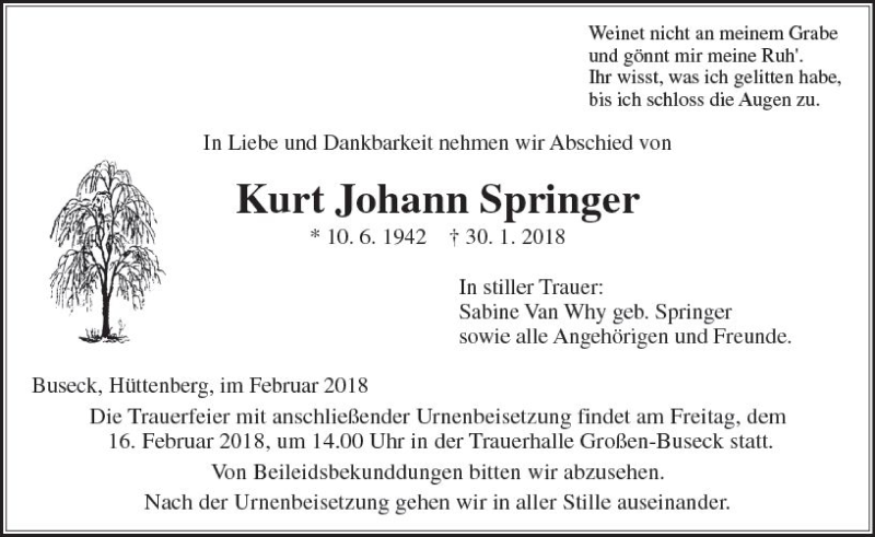 Traueranzeigen Von Kurt Johann Springer Vrm Trauer De