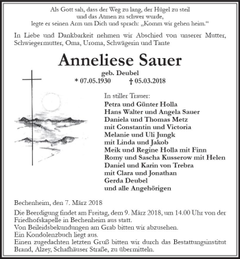 Traueranzeigen Von Anneliese Sauer Vrm Trauer De