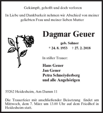 Traueranzeigen Von Dagmar Geuer Vrm Trauer De