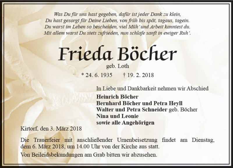 Traueranzeigen von Frieda Böcher vrm trauer de