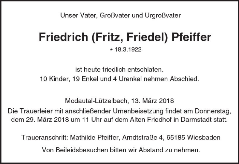 Traueranzeigen Von Friedrich Pfeiffer Vrm Trauer De