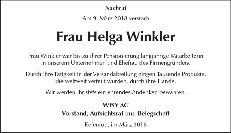 Traueranzeigen Von Helga Winkler Vrm Trauer De