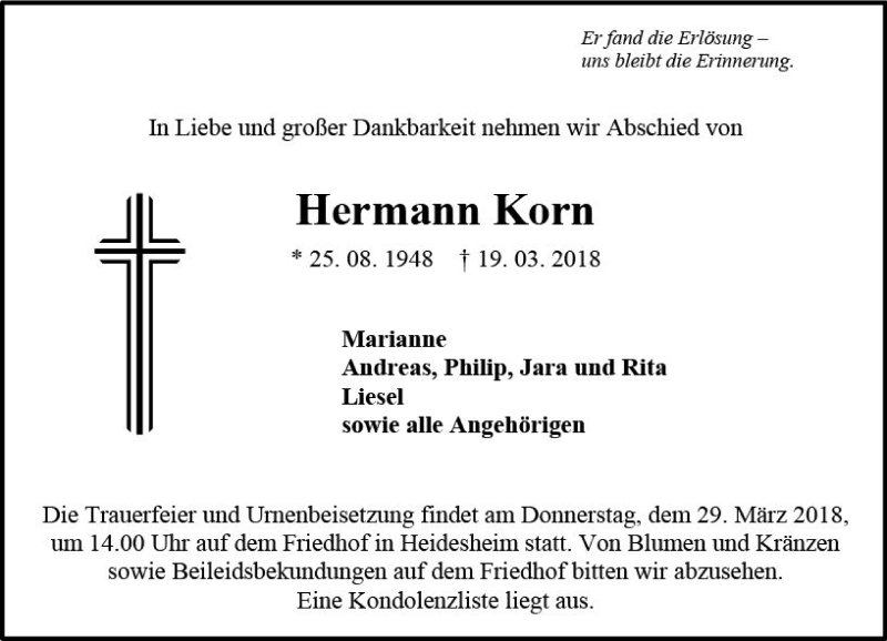 Traueranzeigen Von Hermann Korn Vrm Trauer De