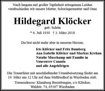 Traueranzeigen Von Hildegard Kl Ckner Vrm Trauer De