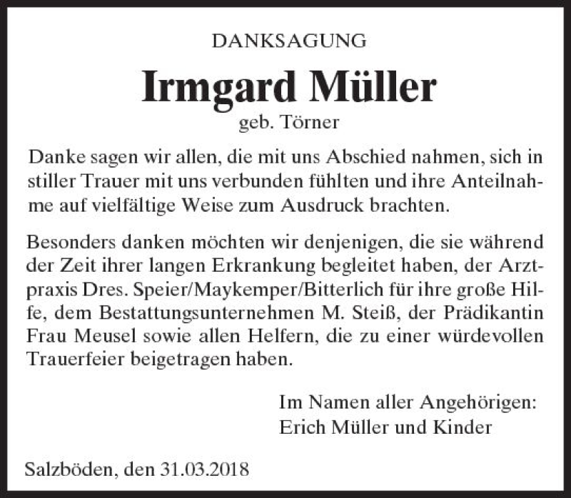 Traueranzeigen Von Irmgard M Ller Vrm Trauer De