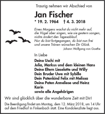 Traueranzeigen Von Jan Fischer Vrm Trauer De