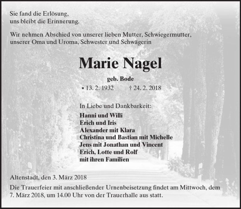 Traueranzeigen Von Marie Nagel Vrm Trauer De