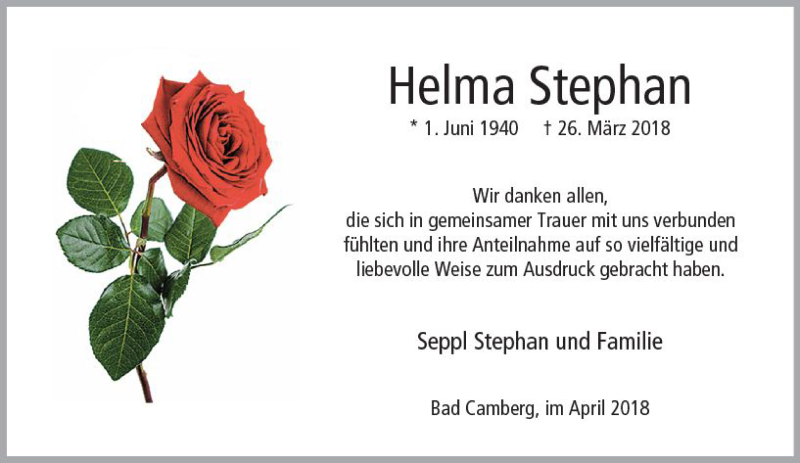 Traueranzeigen Von Helma Stephan Vrm Trauer De