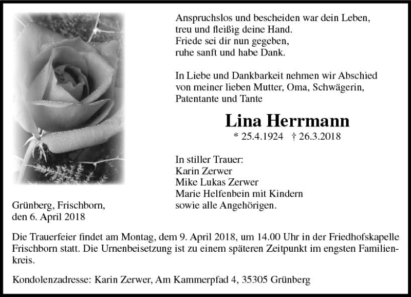 Traueranzeigen Von Lina Herrmann Vrm Trauer De