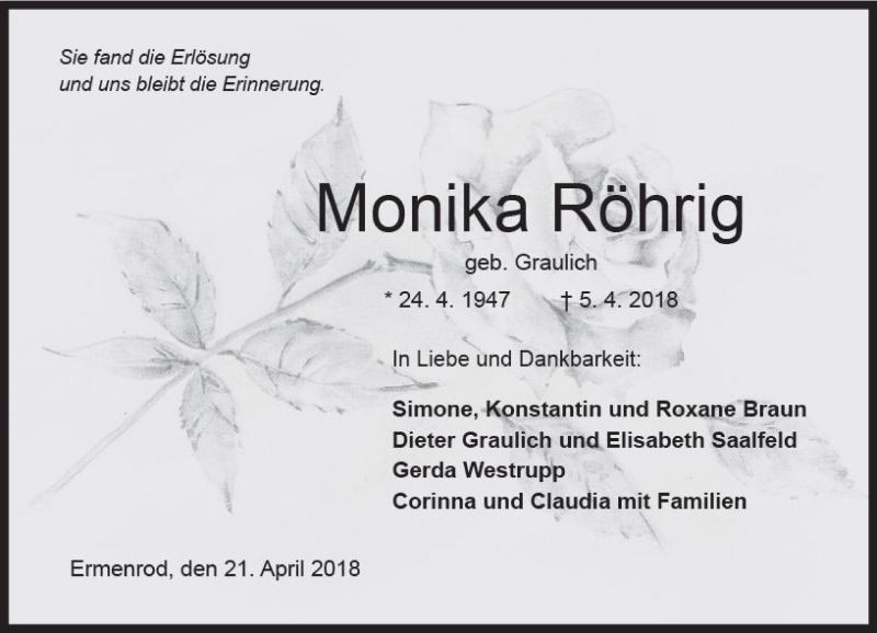 Traueranzeigen von Monika Röhrig vrm trauer de