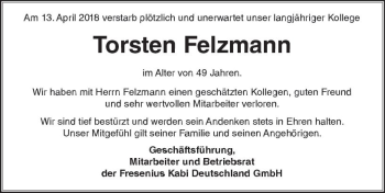 Traueranzeigen Von Torsten Felzmann Vrm Trauer De