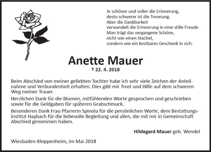 Traueranzeigen Von Anette Mauer Vrm Trauer De