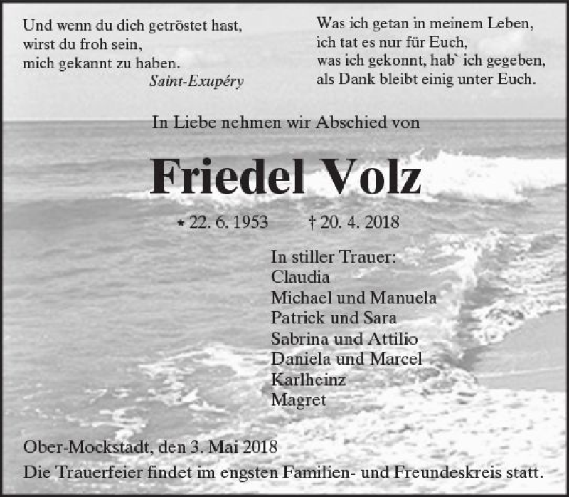 Traueranzeigen Von Friedel Volz Vrm Trauer De