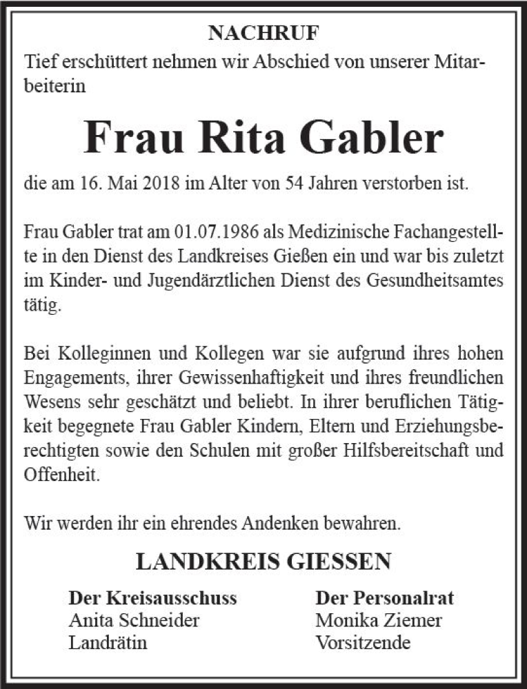 Traueranzeigen Von Rita Gabler Vrm Trauer De