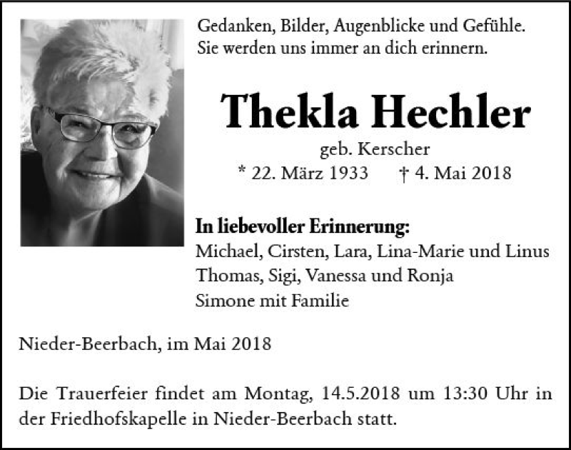 Traueranzeigen Von Thekla Hechler Vrm Trauer De