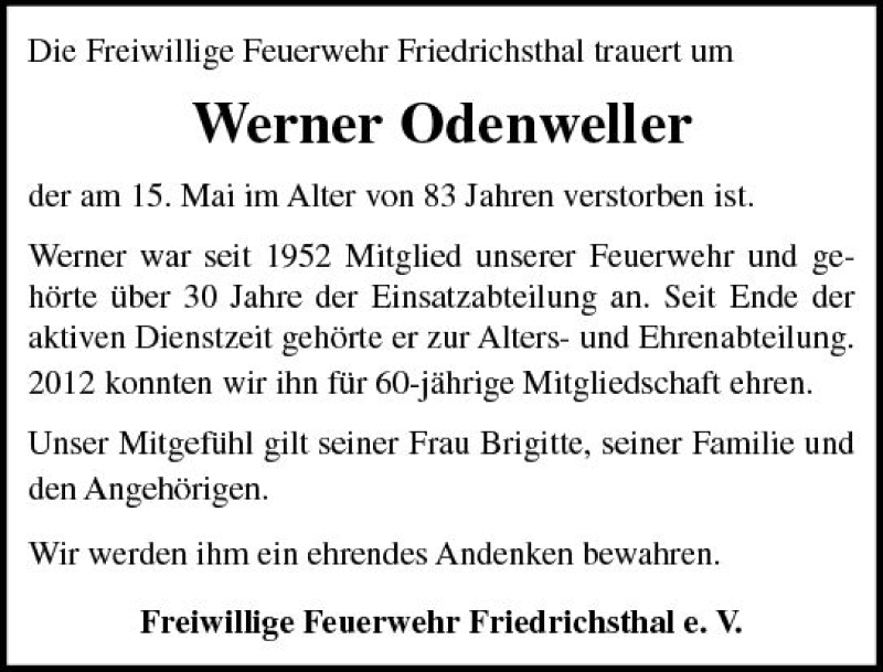 Traueranzeigen Von Werner Odenweller Vrm Trauer De