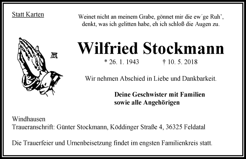 Traueranzeigen Von Wilfried Stockmann Vrm Trauer De