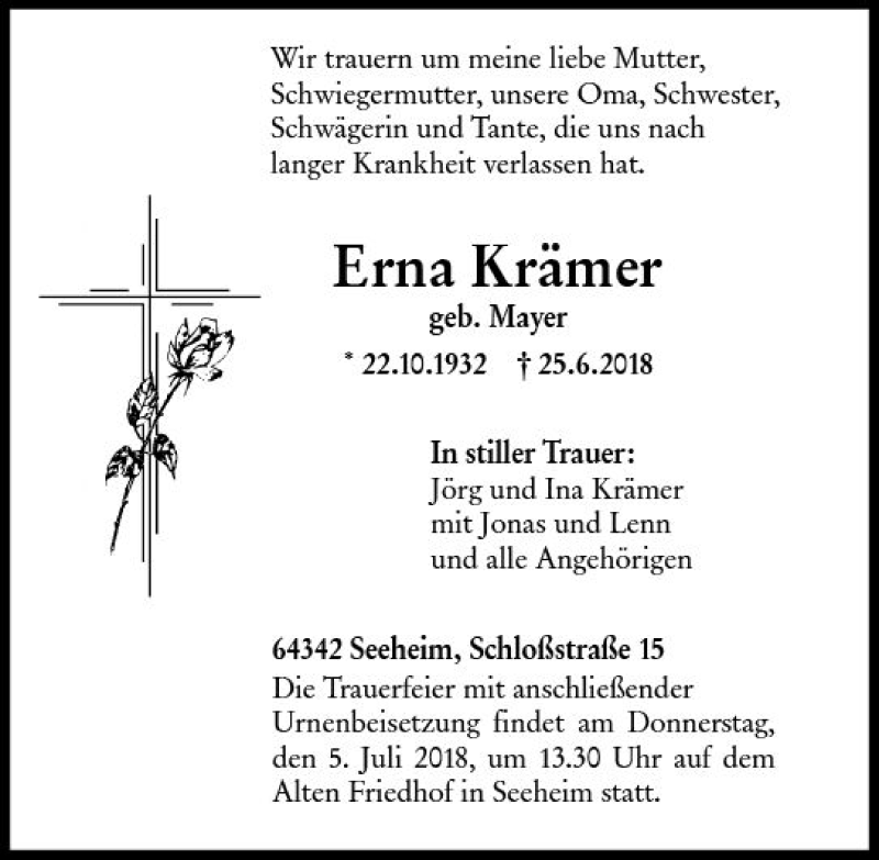 Traueranzeigen von Erna Krämer vrm trauer de