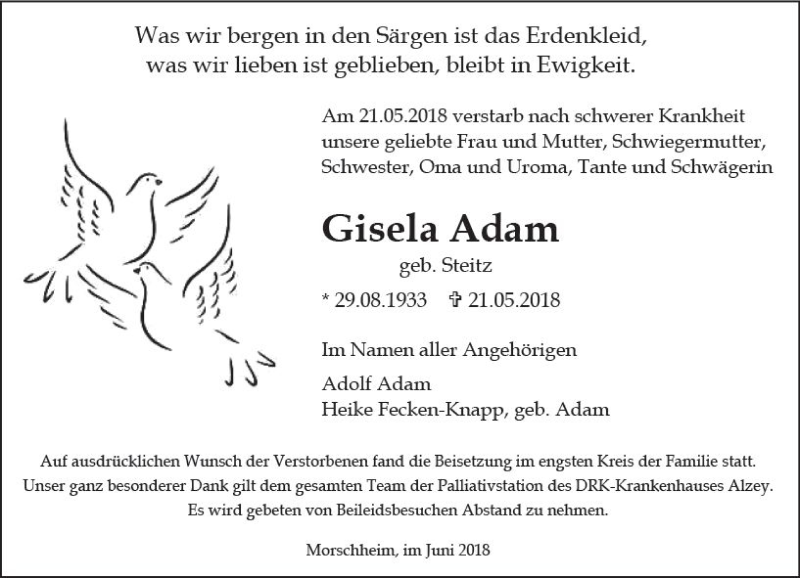 Traueranzeigen Von Gisela Adam Vrm Trauer De