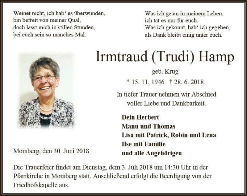 Traueranzeigen Von Irmtraud Hamp Vrm Trauer De