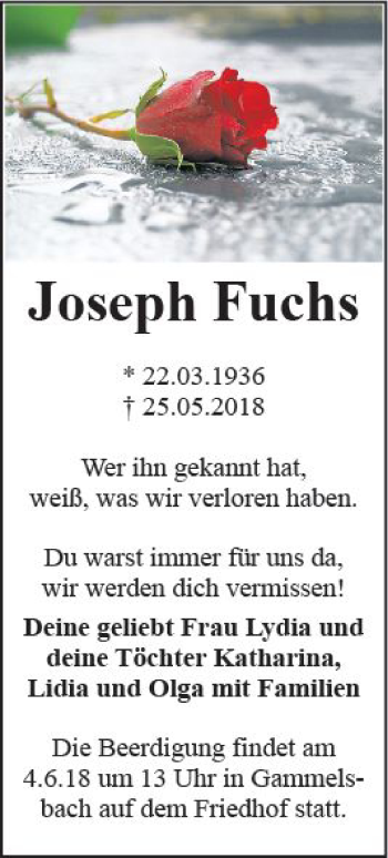 Traueranzeigen Von Joseph Fuchs Vrm Trauer De