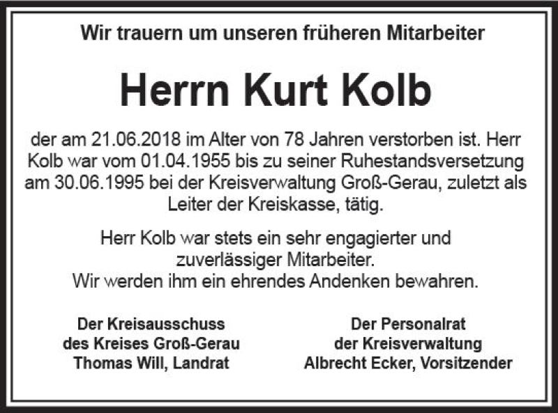 Traueranzeigen Von Kurt Kolb Vrm Trauer De