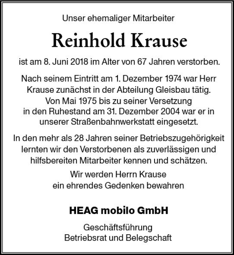 Traueranzeigen Von Reinhold Krause Vrm Trauer De