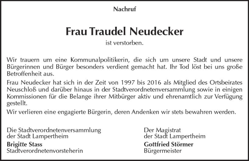 Traueranzeigen Von Traudel Neudecker Vrm Trauer De