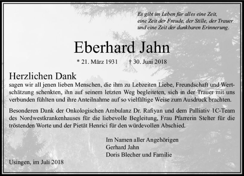 Traueranzeigen Von Eberhard Jahn Vrm Trauer De