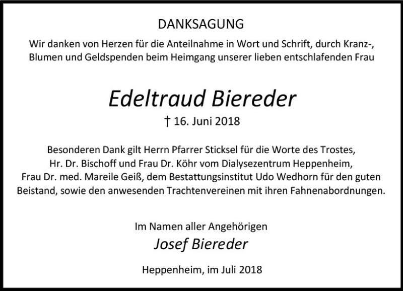 Traueranzeigen Von Edeltraud Biereder Vrm Trauer De