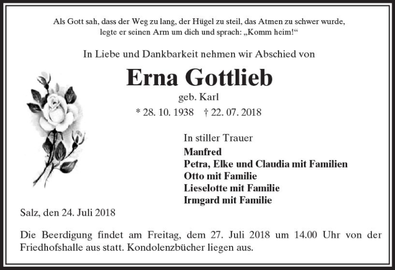 Traueranzeigen Von Erna Gottlieb Vrm Trauer De