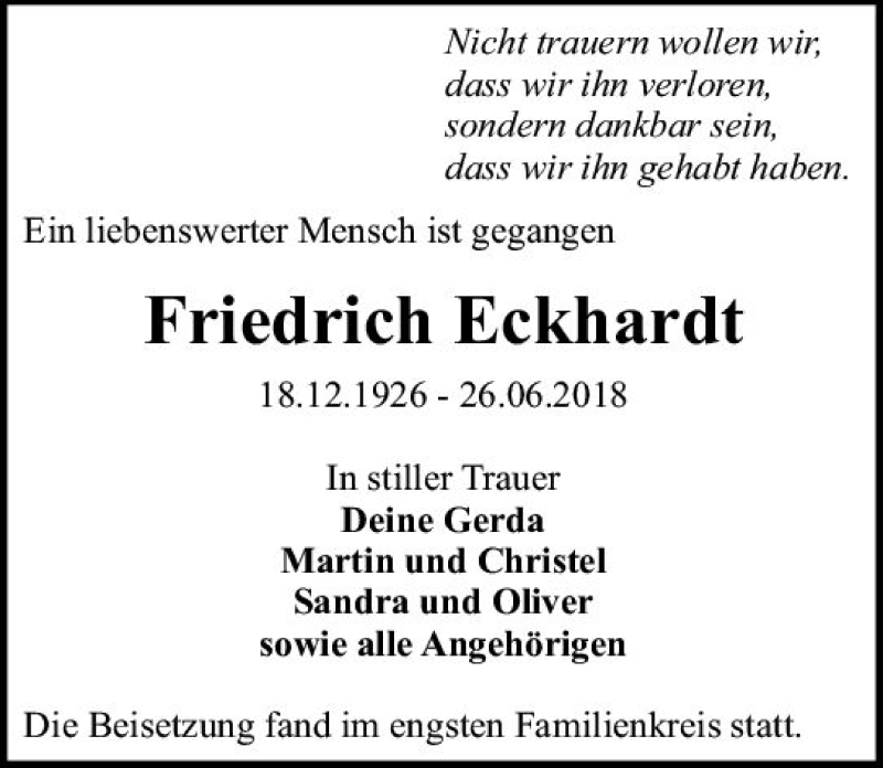 Traueranzeigen Von Friedrich Eckhardt Vrm Trauer De