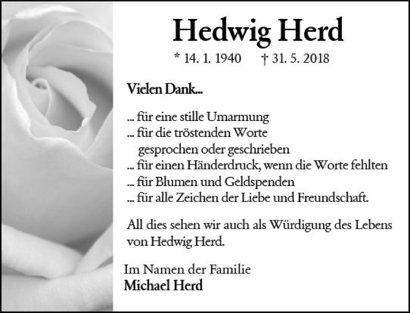 Traueranzeigen Von Hedwig Herd Vrm Trauer De