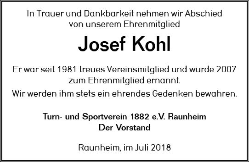 Traueranzeigen Von Josef Kohl Vrm Trauer De