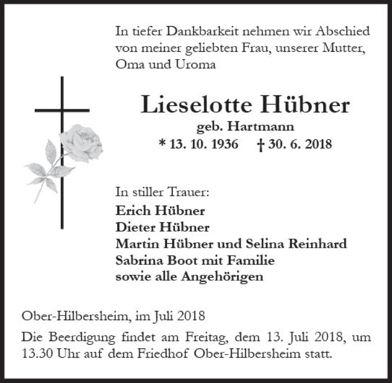 Traueranzeigen Von Lieselotte H Bner Vrm Trauer De