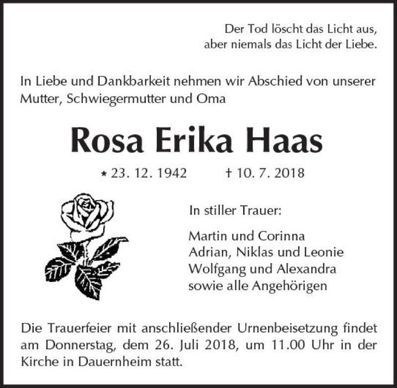 Traueranzeigen Von Rosa Erika Haas Vrm Trauer De