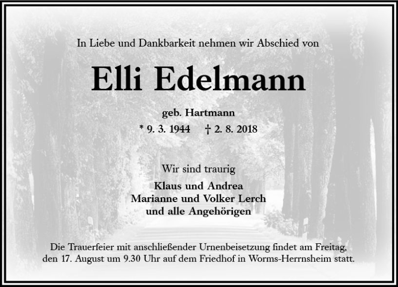 Traueranzeigen Von Elli Edelmann Vrm Trauer De