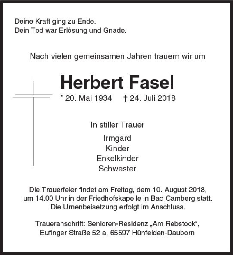 Traueranzeigen Von Herbert Fasel Vrm Trauer De