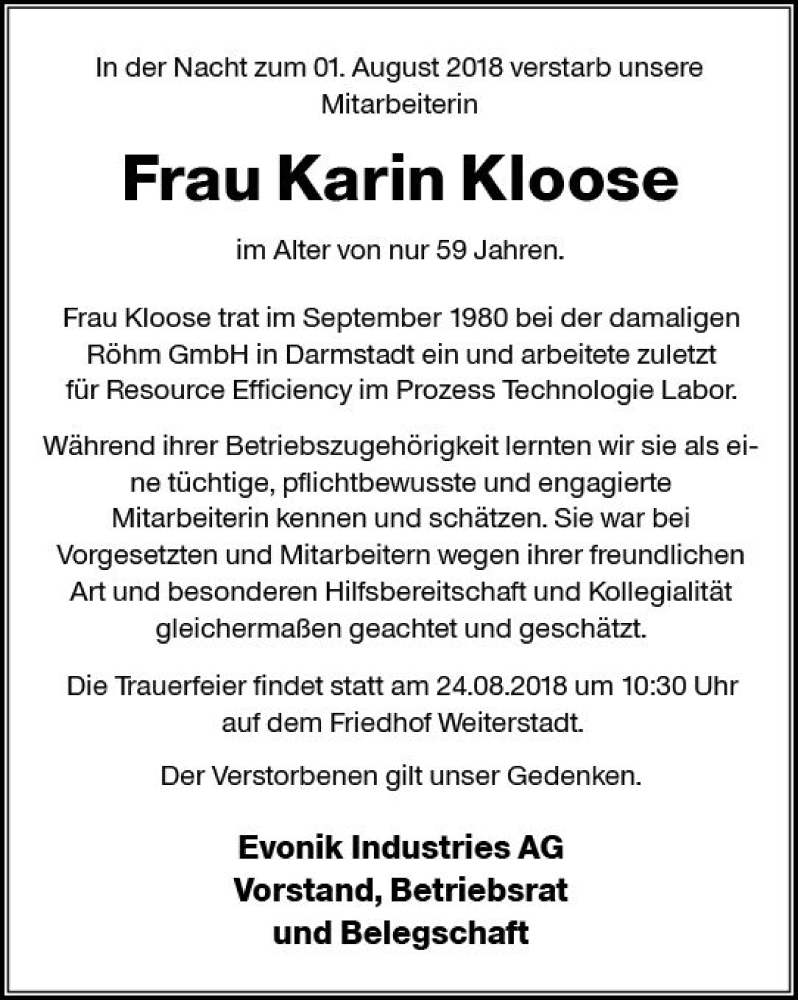 Traueranzeigen Von Karin Kloose Vrm Trauer De