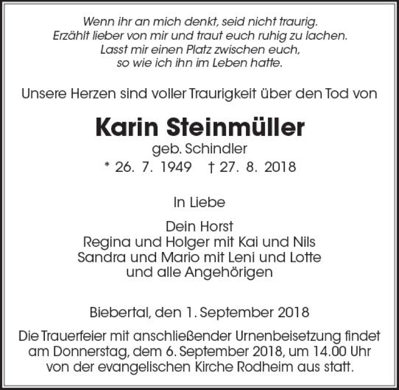 Traueranzeigen von Karin Steinmüller vrm trauer de