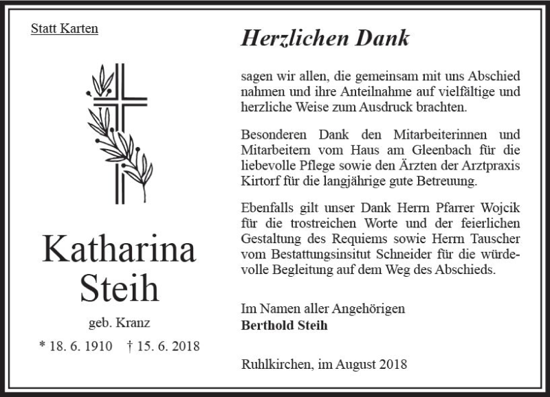 Traueranzeigen Von Katharina Steih Vrm Trauer De